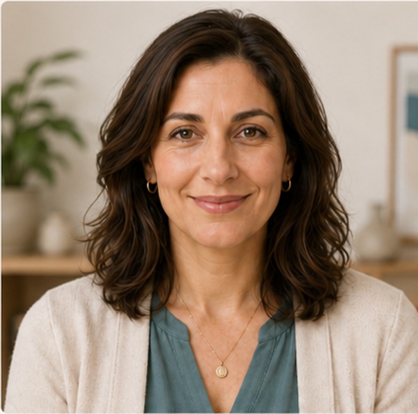 Elara Mavridis, relationship and intimacy coach, smiling calmly